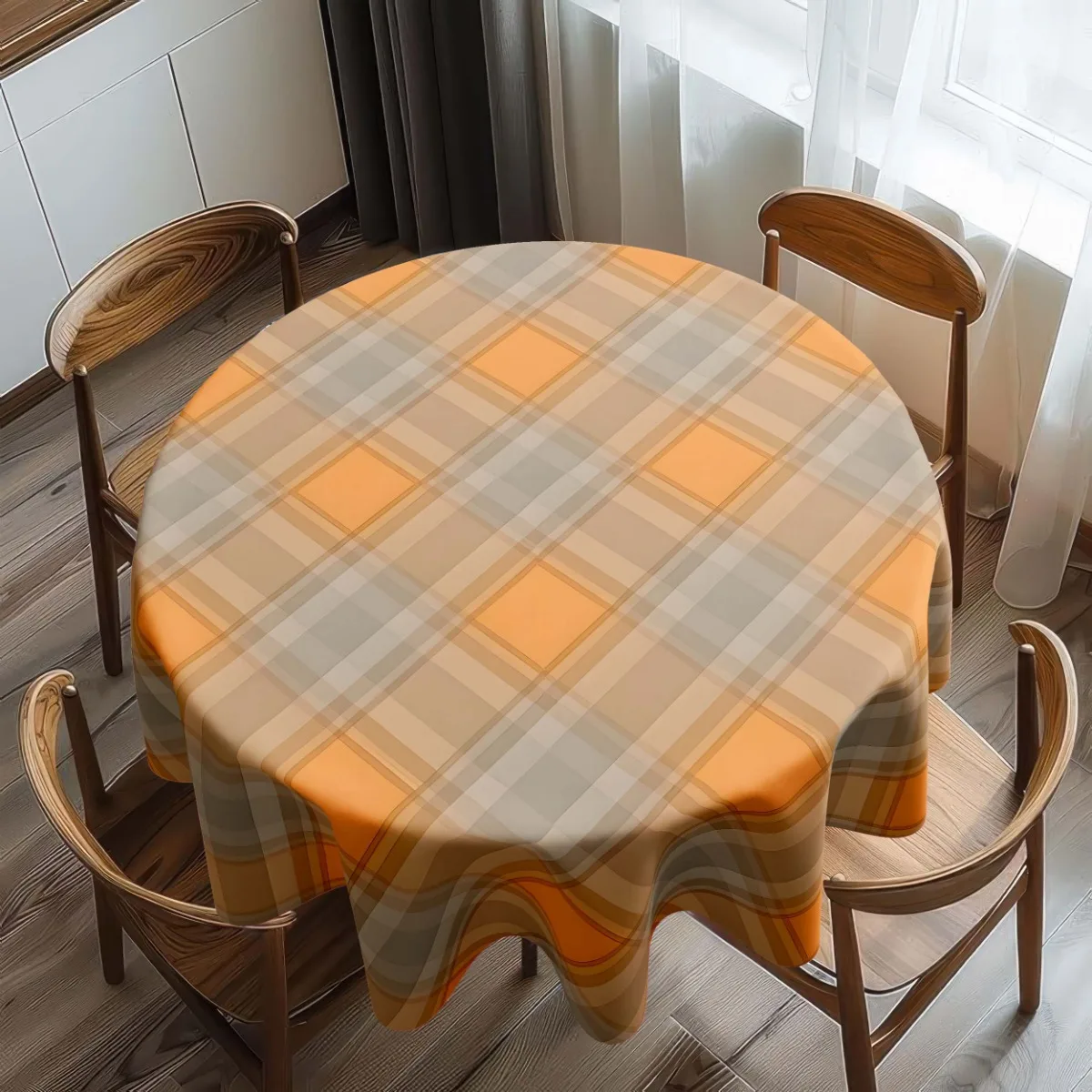 One piece of Bohemian-style round polyester tablecloth, featuring a durable yellow-brown harvest check design.