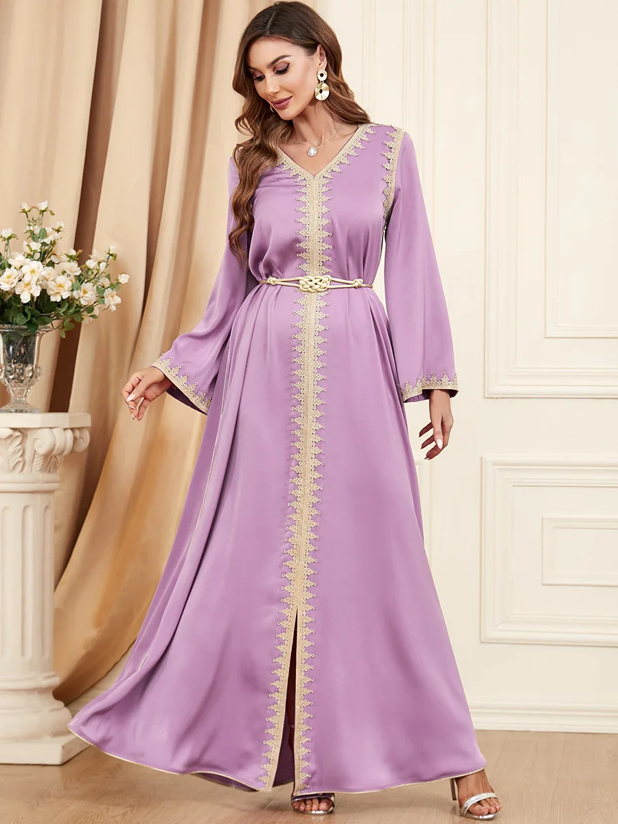 Middle Eastern Arab Muslim  Graceful Women Autumn Winter Abaya Dress Full Sleeves Satin Belt Elegant Dubai Kaftan Robe Gowns