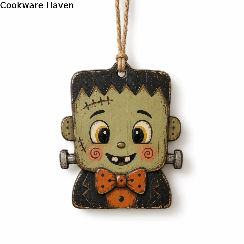 Vintage Style Halloween Pumpkin Ghost Pendant Trick or Treat Cartoon Wooden Black Cat Ornament with Rope Rustic