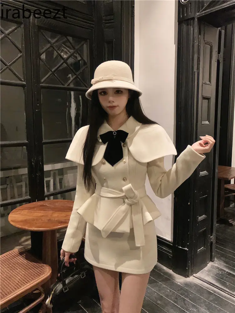 Korean Girl Autumn Winter Long Sleeve Square Collar Waist Blouse Slim-fit Skirt Temperament Two-piece Set Conjuntos De Falda