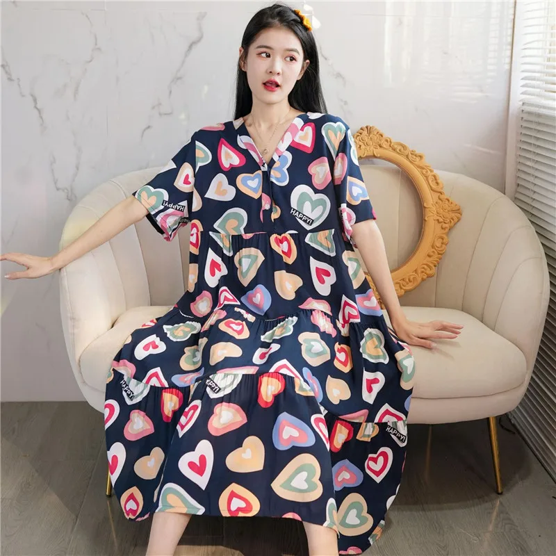 New Cotton Rayon Sleeping Dress Spring Summer Thin Outwear V-Neck Loose Large Size Long Dresses Home Wear Nightgowns Women