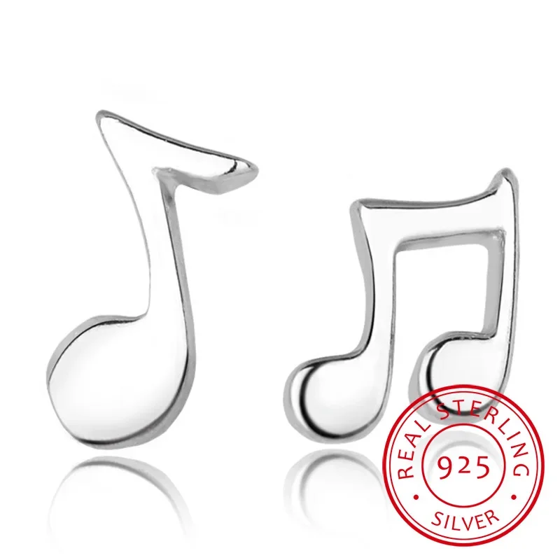 Real 925 Sterling Silver Women's Jewelry Fashion Small Music Note Stud Earrings Wedding Party Gift For Girls Kid Lady Women