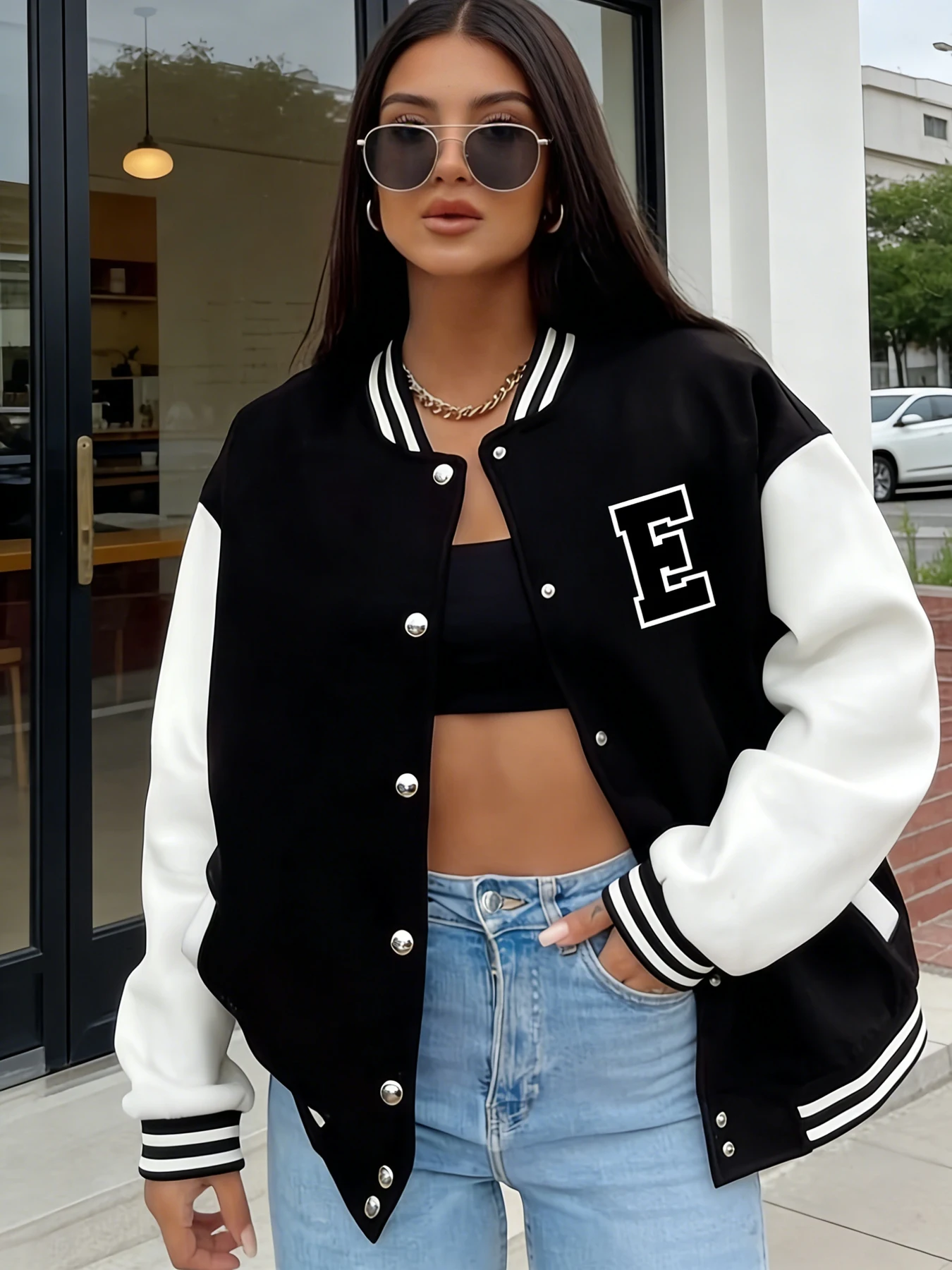 

Женская университетская куртка большого размера с буквенным принтом E и длинными рукавами на пуговицах спереди, куртка-бомбер, повседневная уличная одежда, верхняя одежда, весна-осень