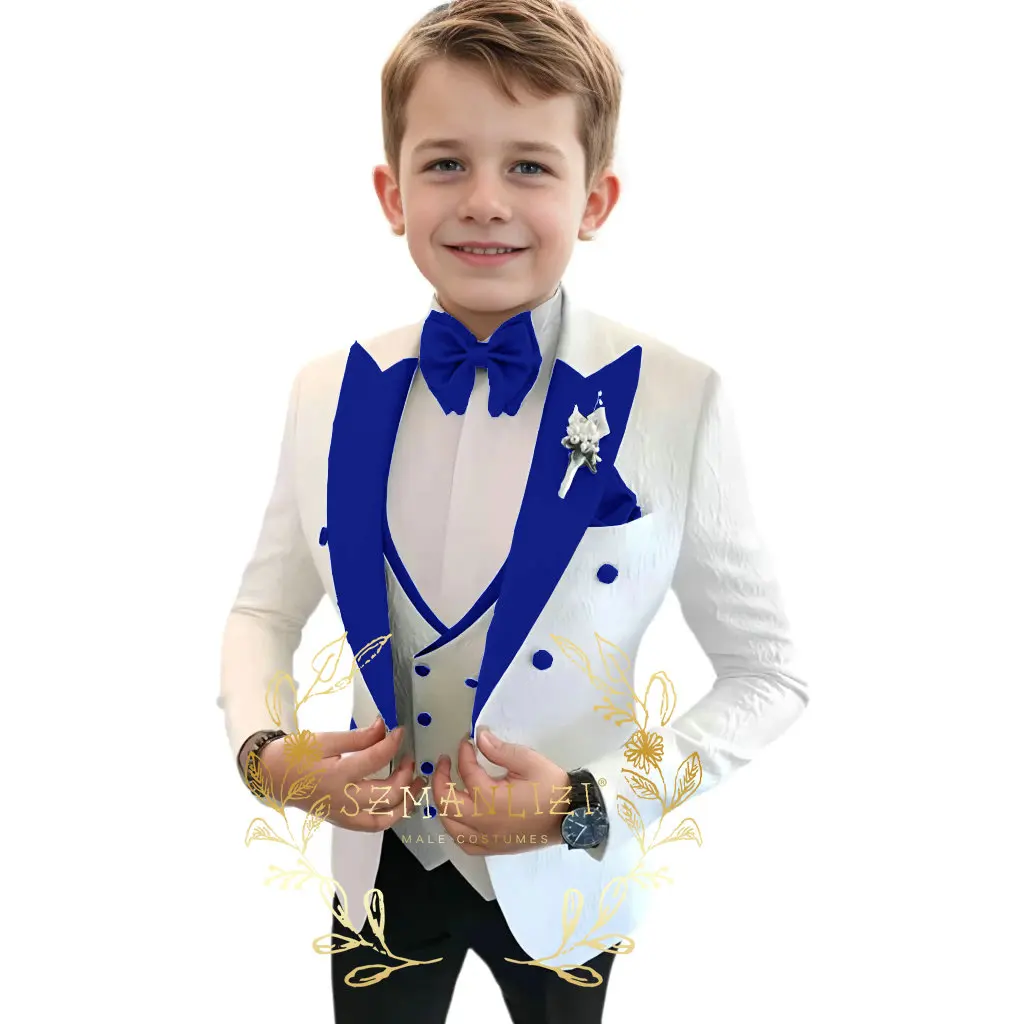 White Pattern Suit for Boys Gold Lapel Formal Outfit 2-16 Years Old Kids Wedding Tuxedo Slim Fit Design Blazer