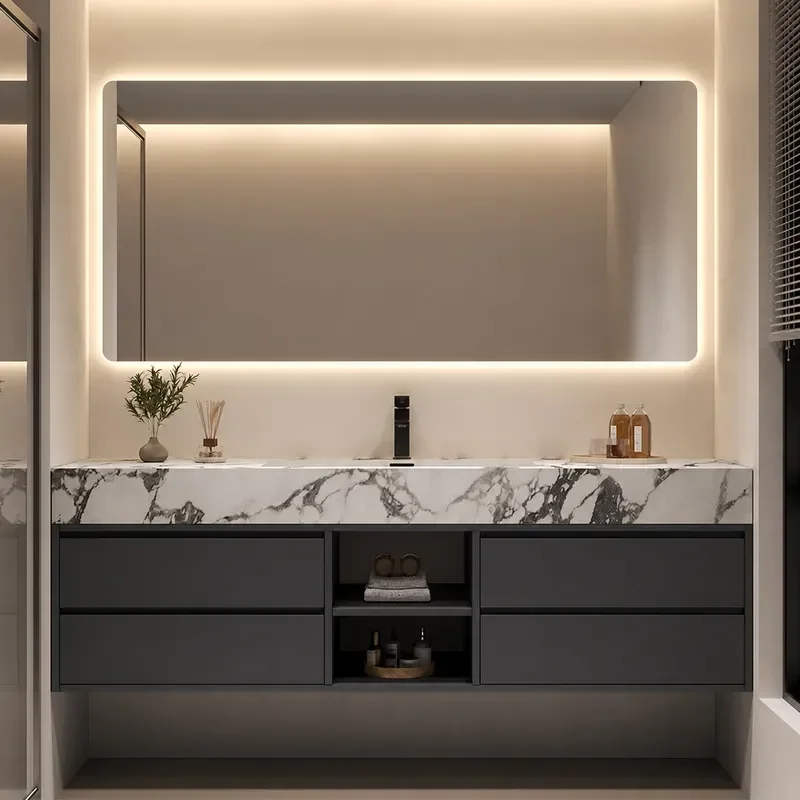 Light Luxury Simple Rock Slab Washstand Seamless Ceramic Integrated Basin Bathroom Cabinet Hand Washbasin Cabinet Combination