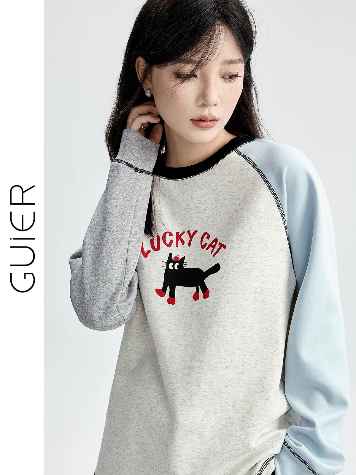 

Color Blo Long Sve T-irt Women's Casual round Ne Top Print Versatile Autumn New Arrival Loose Fit Girl's Faion