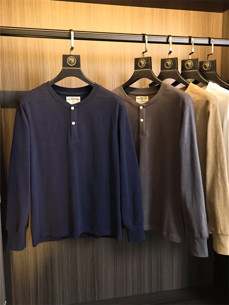 

Faionable Urban Men's Long Sve T-irt Pure Color Bamboo Cotton Skin-friendly Henry Collar Versatile Autumn Top