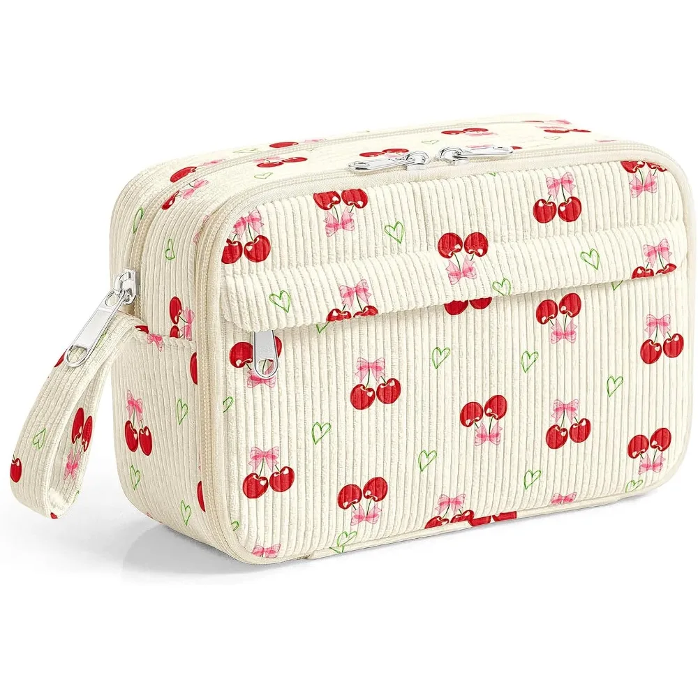 Cute Cherry Corduroy Pencil Case Large Zipper Pen Pouch Aesthetic Multi-pocket Soft Bag School Stationery Teen Girls