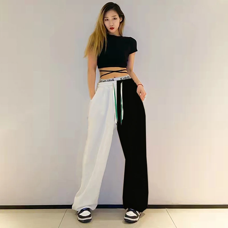 Loose Color Block High Waist Street Style Women's Sports Pants Hip Hop Jazz Dance Trousers Trendy Cotton Casual Long Trousers