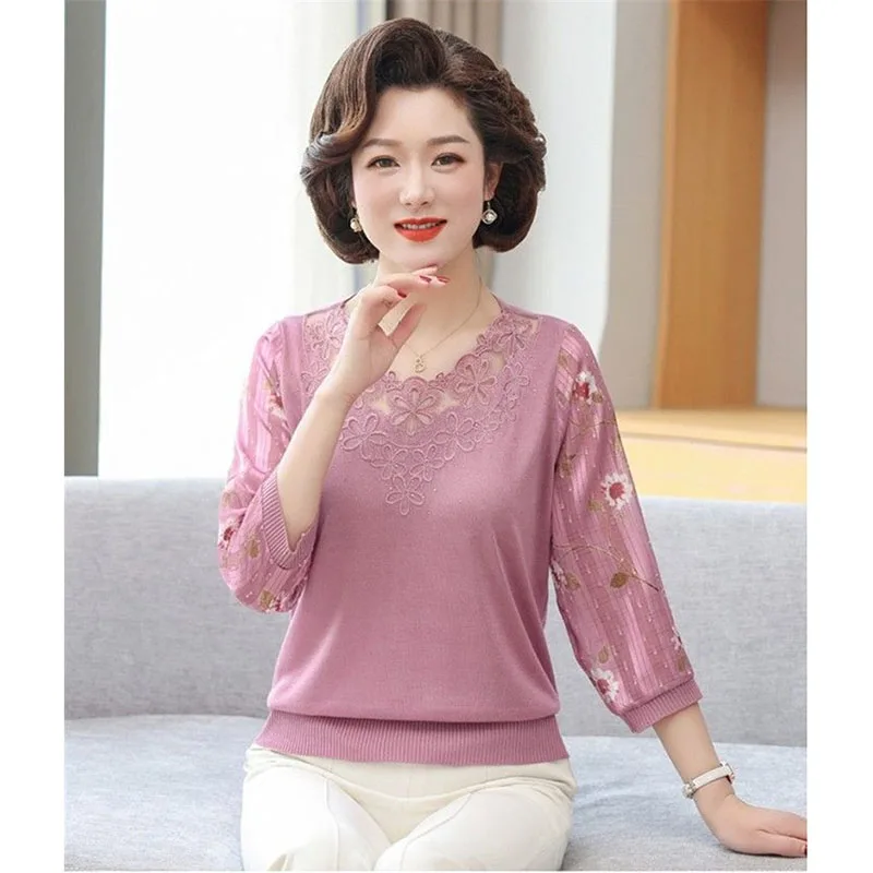 Thin Yarn Sleeved Knitted Sweater Fashion Middle Aged Elderly Women\'s T-Shirts Top 2024 New Spring Summer Autumn Tshirt Female