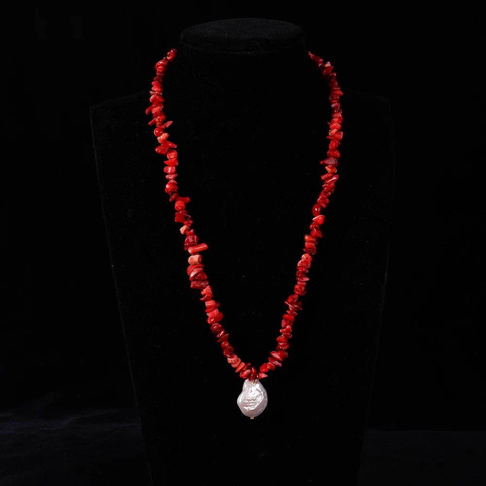 Bohemia Red Natural Coral Peals Pendant Necklaces For Women Coastal Charms Vintage Retro Beaded Chain Choker Party Jewelry