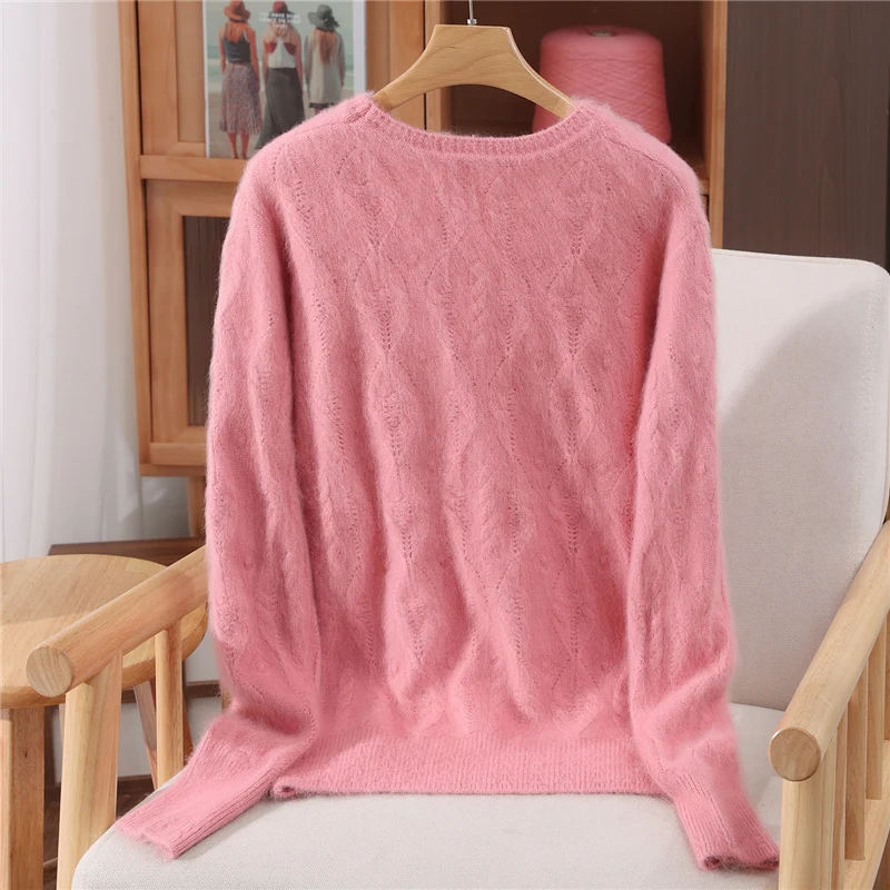 세련된 오 넥 할로우 아웃 스웨터 여성용 풀오버 기본 부드럽고 따뜻한 100% 밍크 캐시미어 퓨어 컬러 캐주얼 루즈 가을 겨울상의