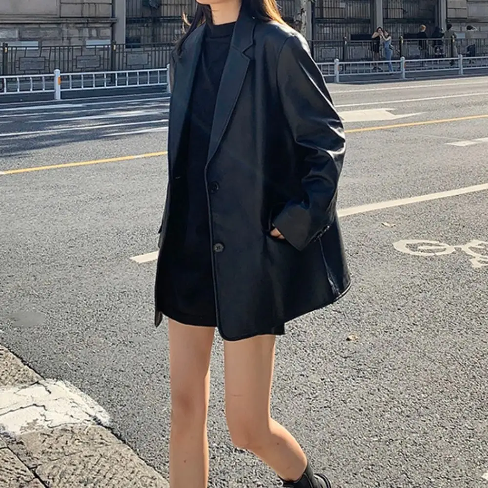 

Sweet Lapel Collar Leather Jacket Women Korean Chic Retro Suit Leather Jacket Outerwear Loose Vintage PU Coats Autumn/Winter