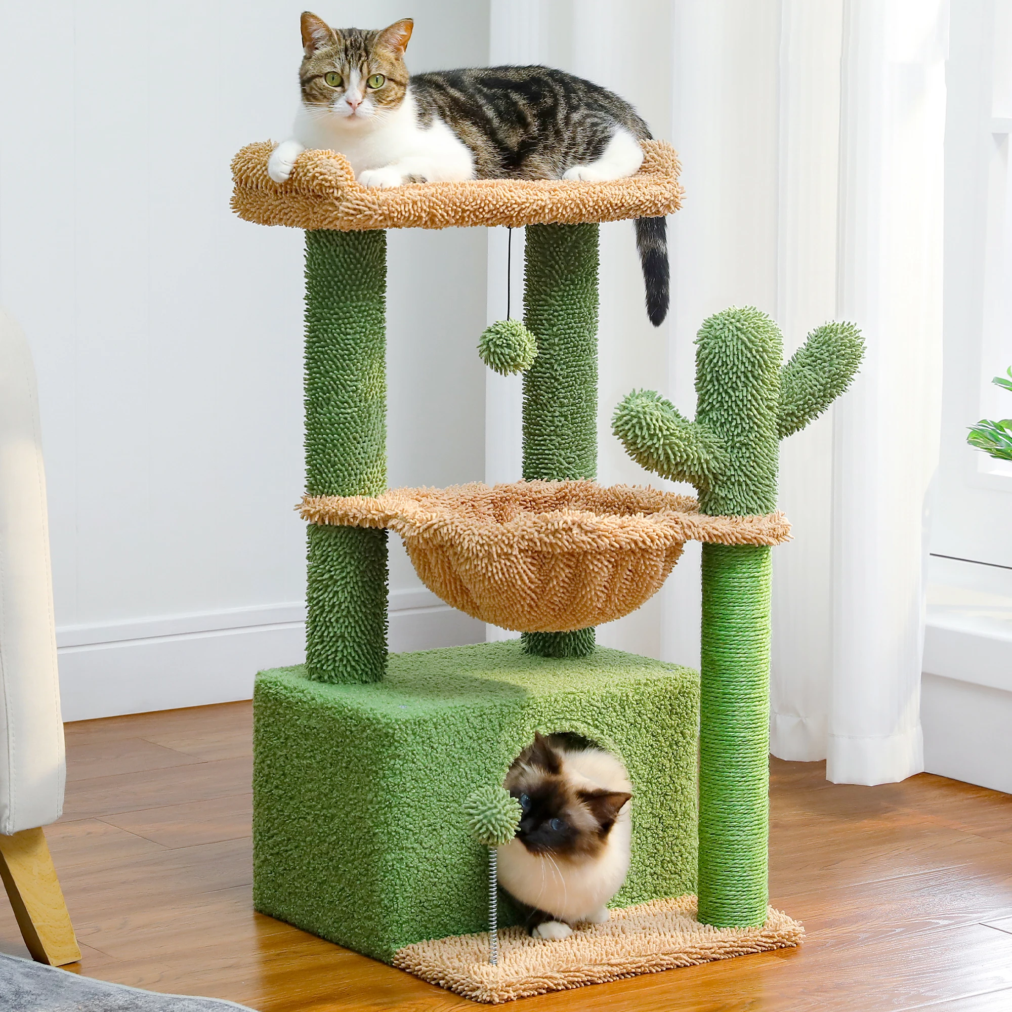 

4-in-1 Cactus Cat Tree for Indoor Cat, Small Cat Tower with Large Condo, Scratching Post, Deep Hammock, Cozy Top Perch, Cat Toys