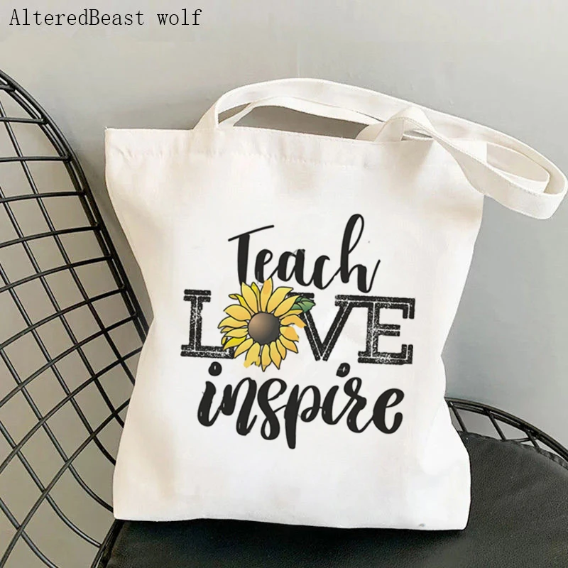 Teacher supplies Shopper bag Teach Love Inspire Bag Harajuku Shopping Canvas Shopper Bag girl handbag Shoulder Lady gift Bag