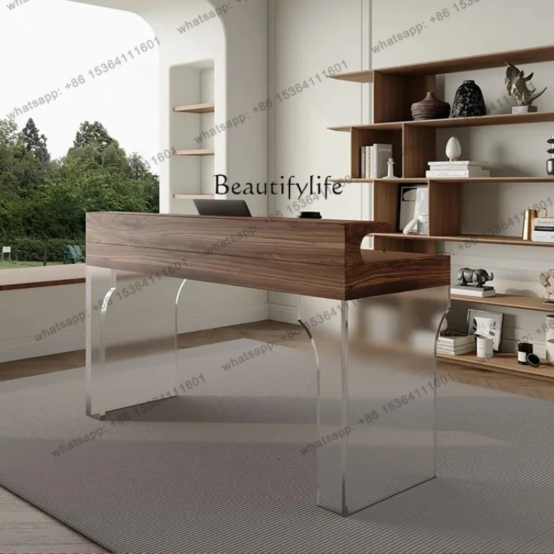 jj5 Italian Minimalist Solid Wood Leather Desk With Light Modern Simple Computer Desk Storage Organizer