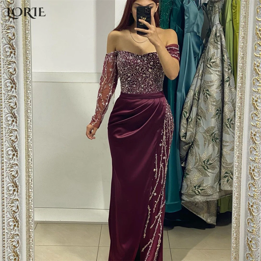 LORIE Elegant Solid Mermaid Evening Dresses Beaded Off Shoulder Pleated Long Sleeves Prom Dress Glitter Celebrity Party Gowns