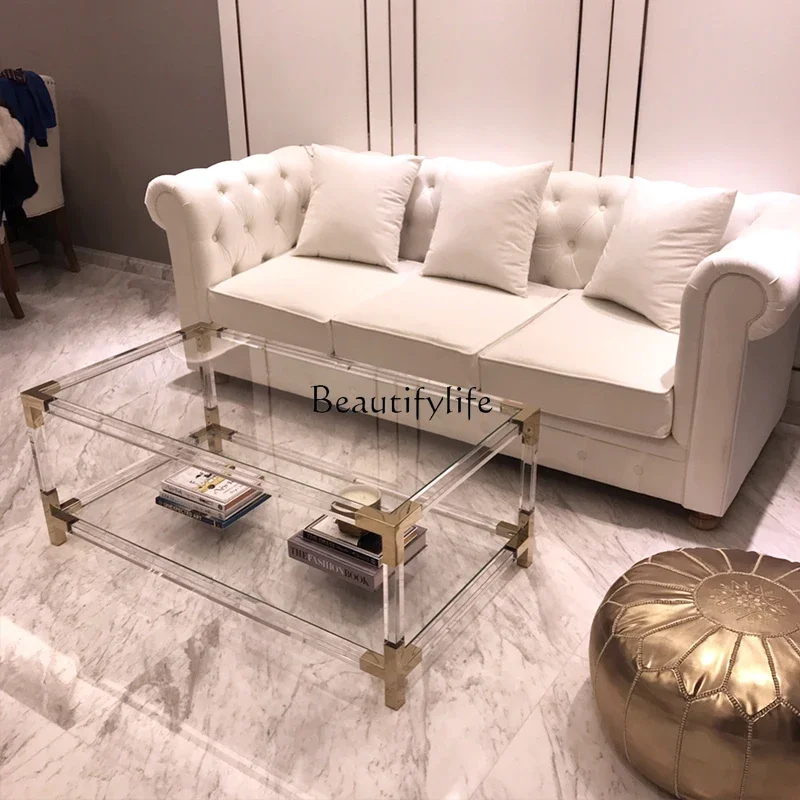 03.Light luxury exquisite transparent acrylic coffee table plexiglass material mirror titanium gold corner table