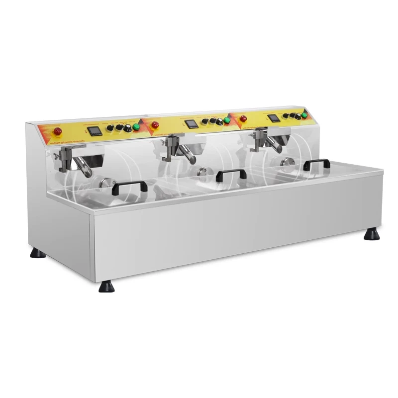 NP-336 เครื่องทําช็อคโกแลตสามหม้อพร้อมเครื่องหลอมช็อคโกแลตบนโต๊ะอัตโนมัติแบบสั่นสะเทือน