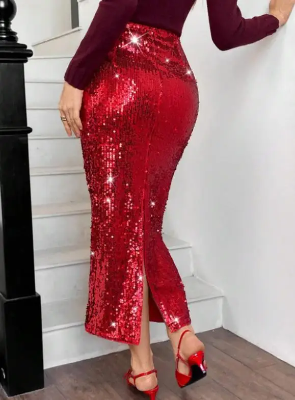 

Skirt for Women 2025 Spring Autumn New Solid Color Fashionable Sequin Decor Sexy Nightclub Slit Back High Waist Slim Long Skirt