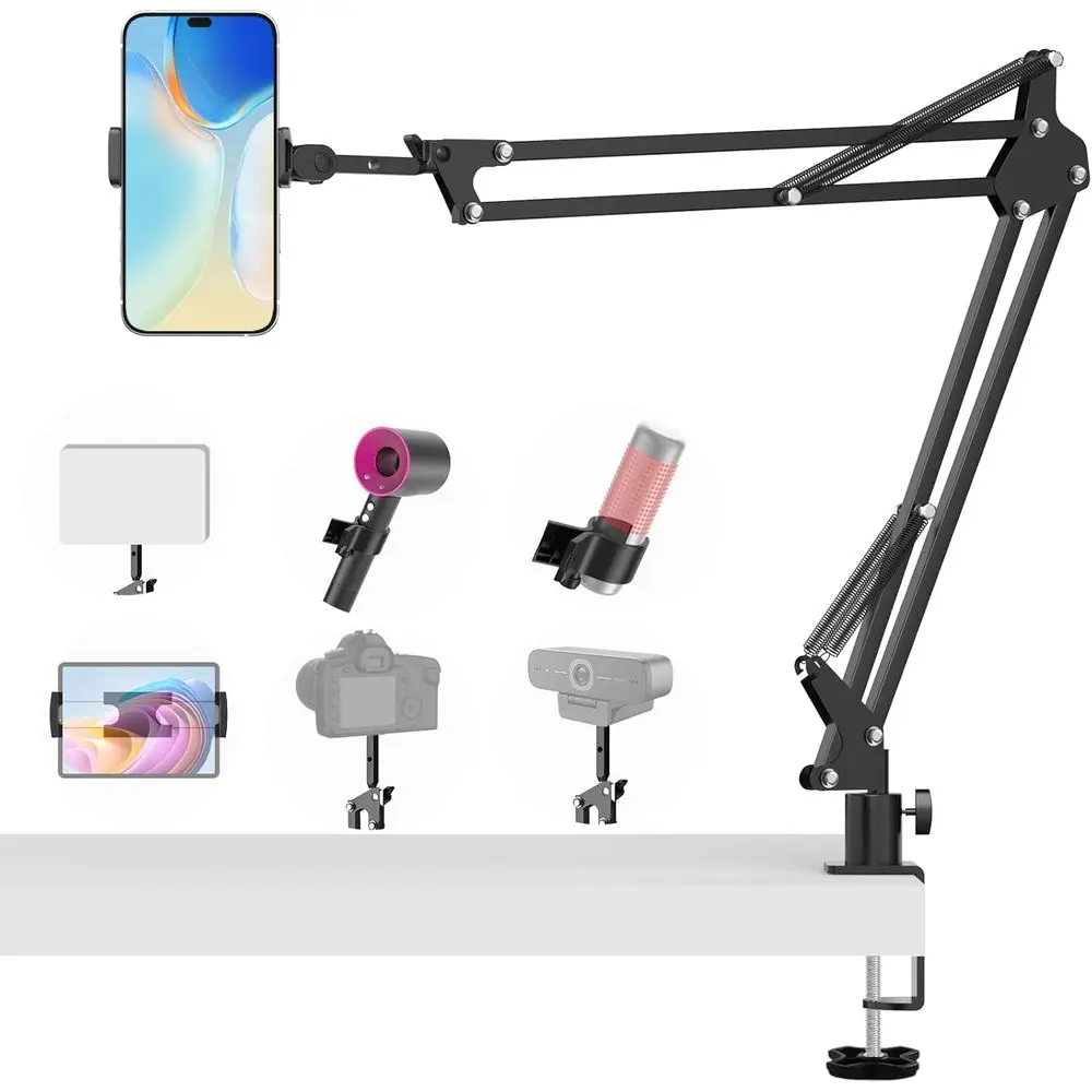 

Universal Tablet and Microphone Clamp Mount for Photography, Video Recording, and Streaming on Desks or Beds
