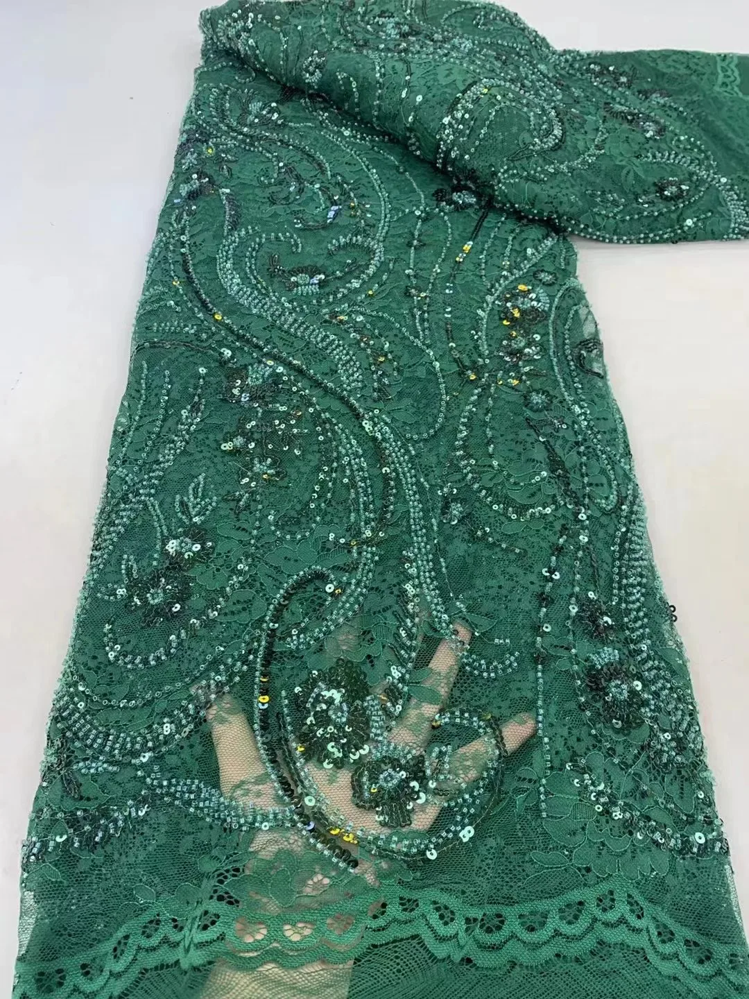 

Green Fashion African Beaded Lace Fabric 2024 High Quality Lace Nigeria Lace Fabric French Sequin Lace Fabric For Party Dress