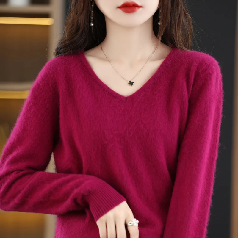 Autumn and Winter New Women\'s Sweater 100% Mink Cashmere Women\'s V-neck Pullover Casual Knitting Basic Fashion Large Top