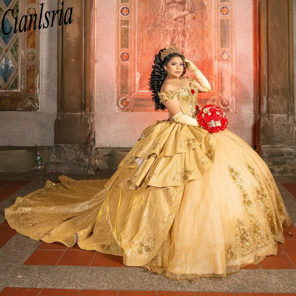

Gold Off The Shoulder Quinceanera Dresses Ball Gown Appliques Lace Ruffles Mexican Sweet 16 XV Anos