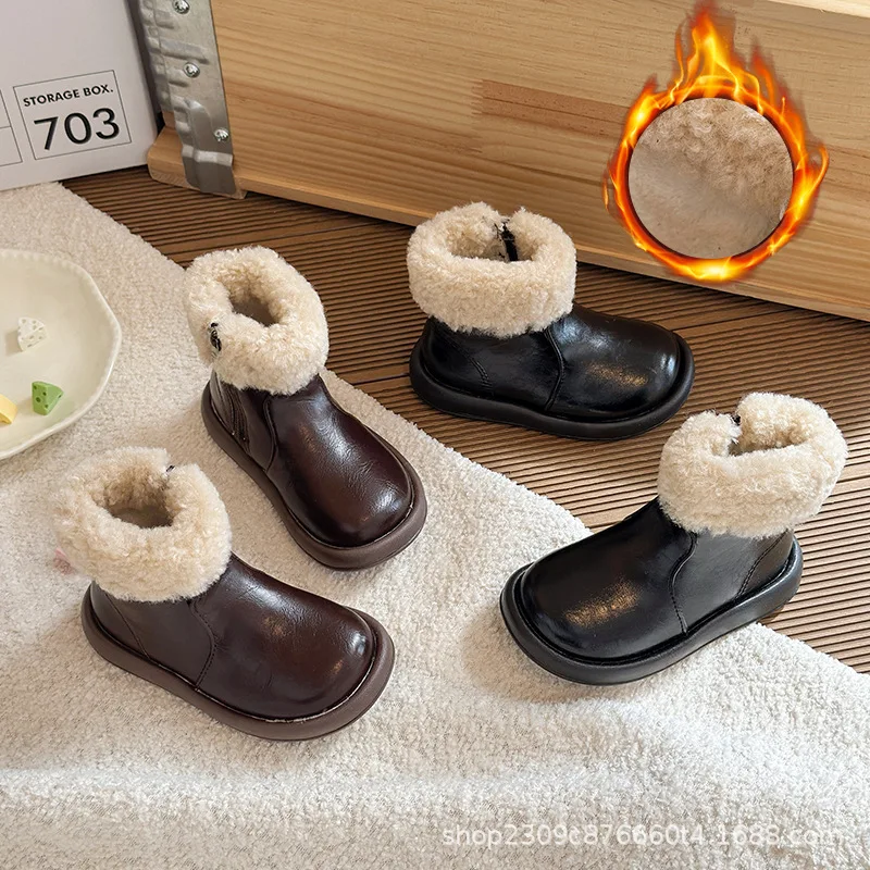 2025 Winter Girls Boots Warm Fur Children Leather Shoes Kids Ankle Booties Size 23-34 Children Soft-soled Anti-slip Snow Boots