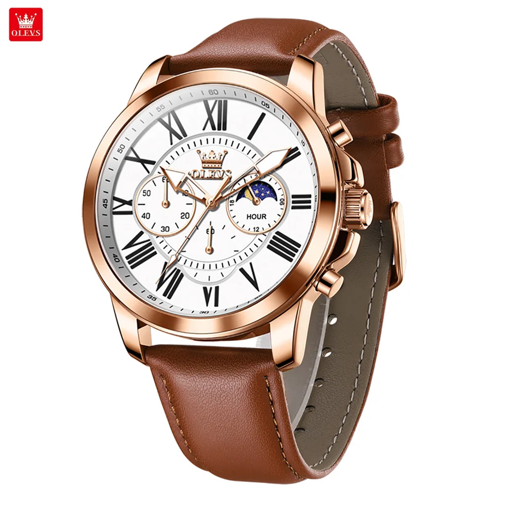 

OLEVS 3632 Men Quartz Watch 45.5mm Big Dial Moonphase-Style Multifunction Dial Leather Strap Luminous Water Resistant
