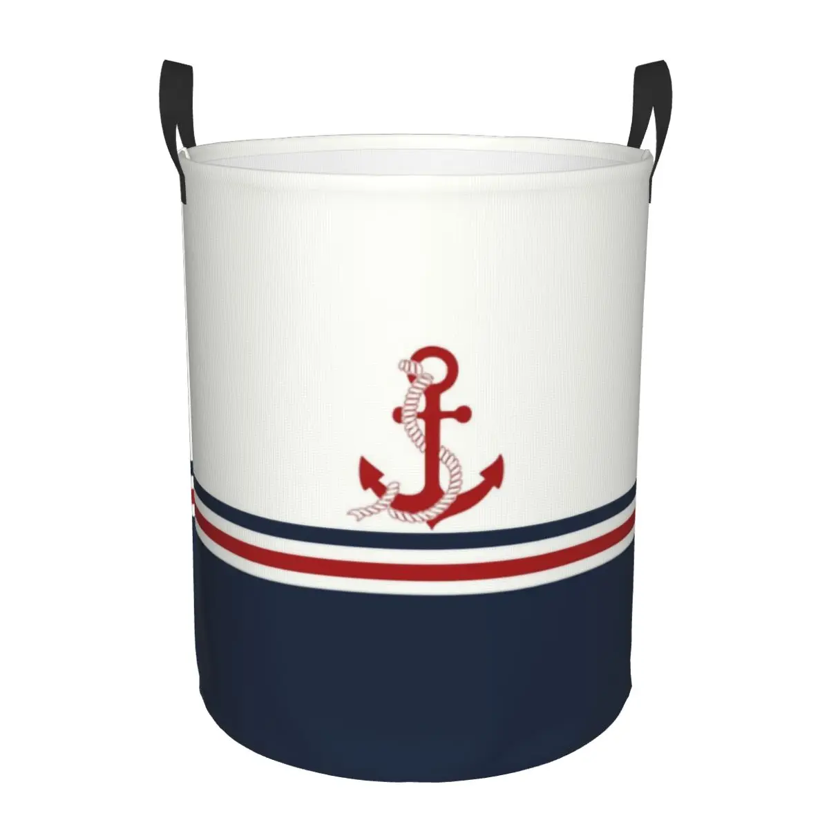 Custom Navy Blue Stripes Nautical Anchor Boat Laundry Basket Collapsible Clothes Hamper for Baby Kids Toys Storage Bin