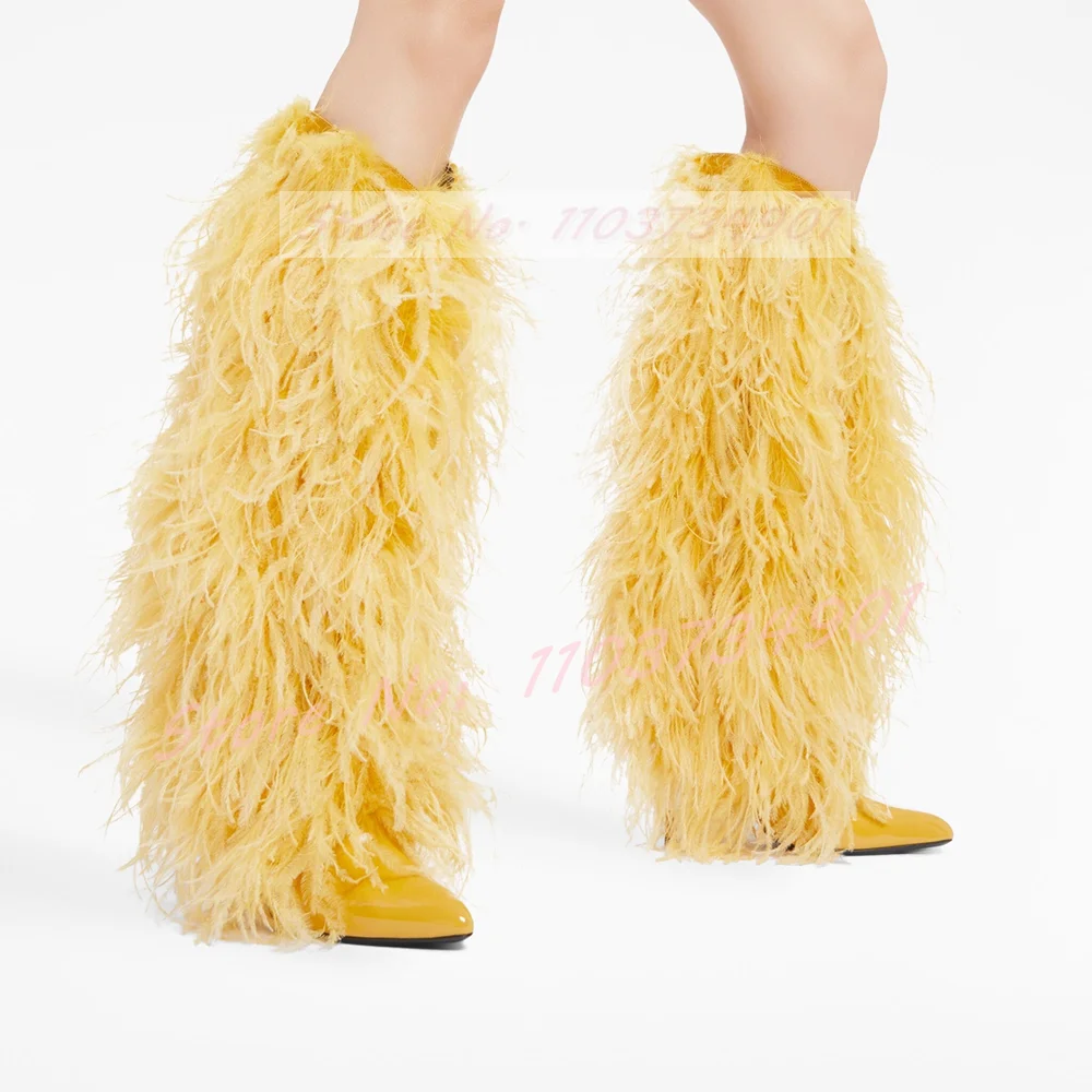 Pink Fluffy Furry Knee Length Boots Female Sweet Pointy Toe Fur Winter Thin High Heels Boots Women Party Fashion Elegant Shoes