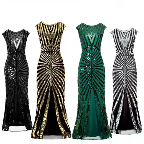 Vintage 1920s Gatsby Evening Dress Sparkling Mermaid Long Gown Women Stage Performance