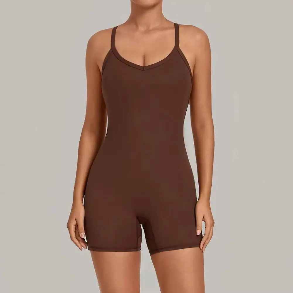Women Yoga Short Bodysuit Adjustable Cross Back Straps Tummy Control Butt Lift Sweat Wicking Gym Fitness Clothe Workout Jumpsuit