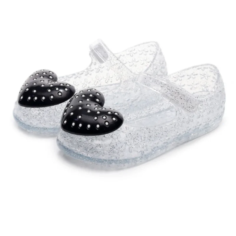 

Kids Cute Sandals Mary Jane Shoes Bling Love Heart Round Toe Princess Baby Girl Clear PVC Purple Pink Jelly Flat With Hoop Loop
