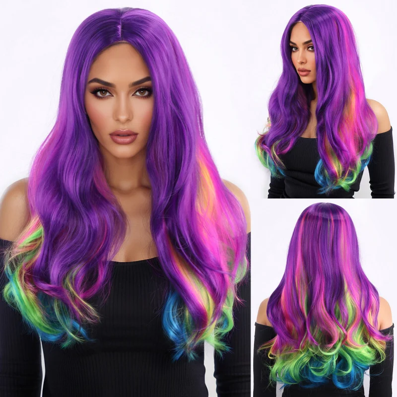 Anime Colorful Gradient Multi-color COS Airy Curly Middle Parting Hairstyle Wig European and American Fashion