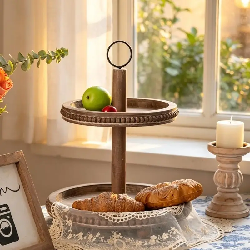 Two Level Wooden Tray Stand for Tabletop Display and Small Item Storage JOMD