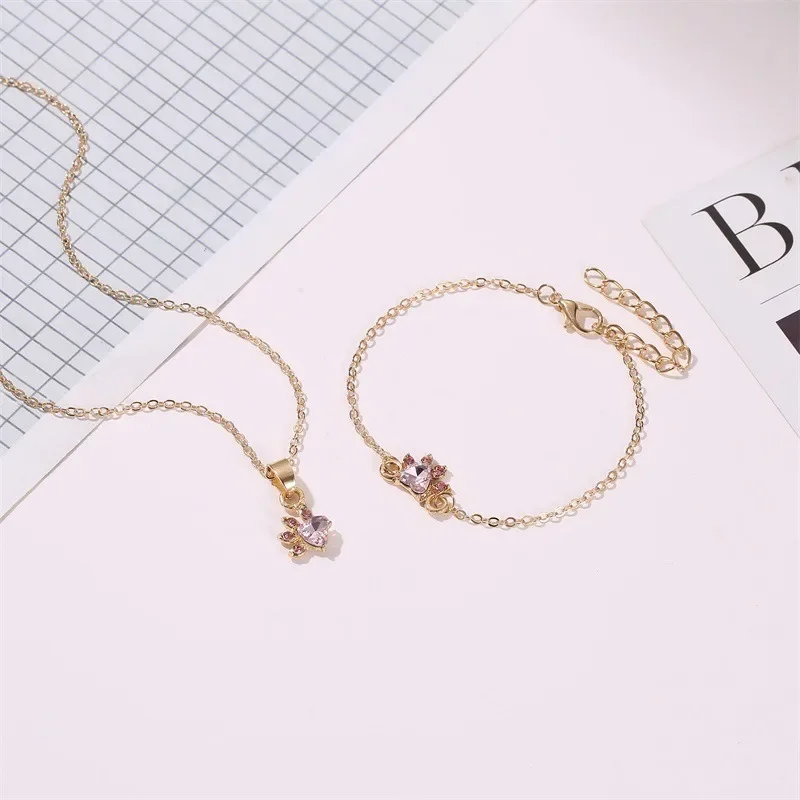 Fashion Jewelry Cute Cartoon Cat Claws Necklace Earrings Four-piece Set Cat Footprints Zircon Ring Bracelet Women 2024 Korean