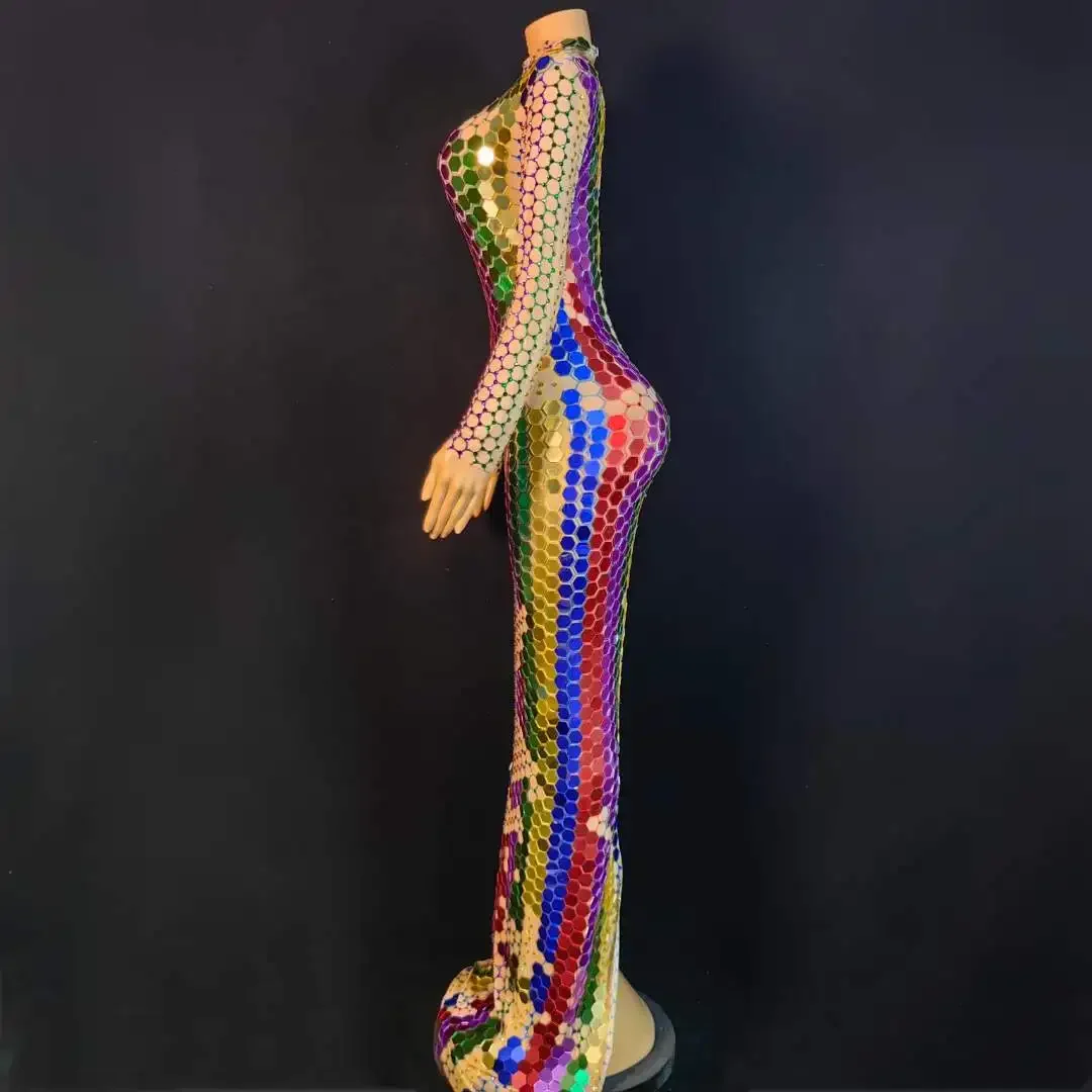 أداء المغني الزي فساتين مرآة ملونة الترتر فستان طويل تمتد المرحلة ارتداء الملونة شبكة عيد ميلاد الملكة القماش