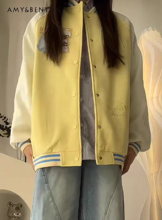 

Весенне-осенняя бейсбольная куртка с американской уличной вышивкой кота для женщин, свободная повседневная универсальная желтая куртка