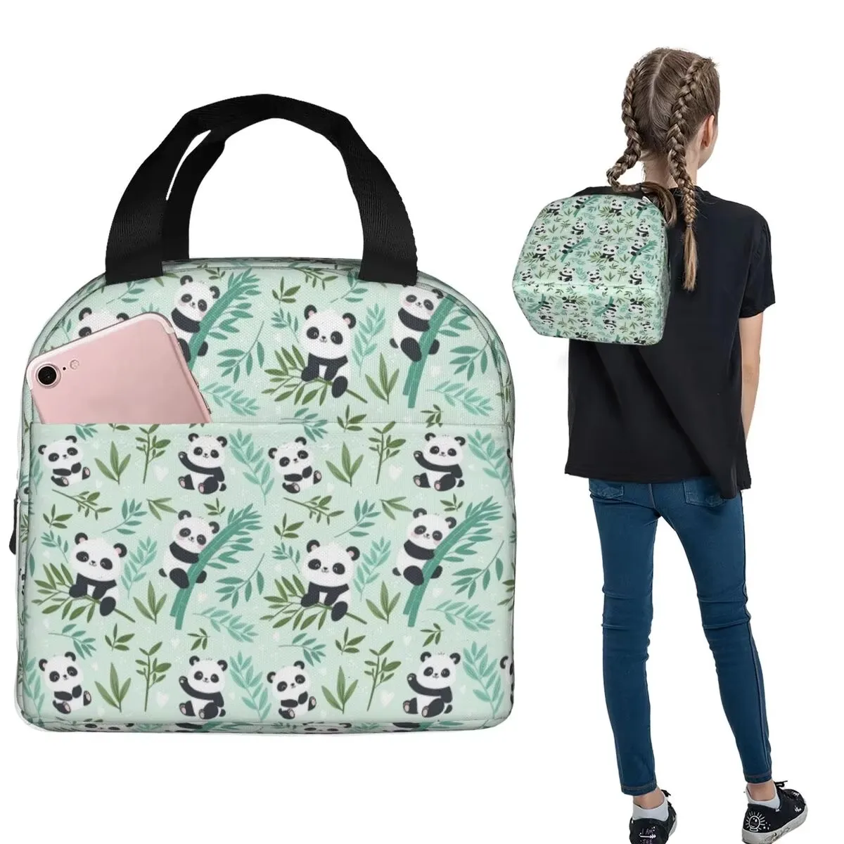 Cartoon Panda and Bamboo Pattern Insulated Lunch Bag Portable Thermal Tote for Women Kids