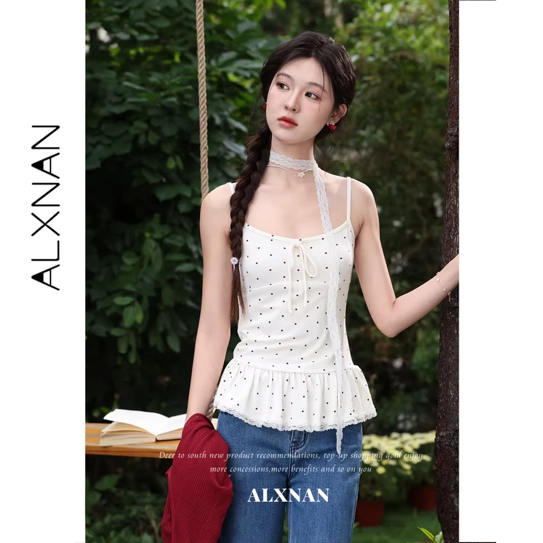 

ALXNAN Polka Dot Camisole with Elegant Lace Trim Casual Sweet Camis 2026 Summer Fashion Elegant Sleeveless Tops Female L63116