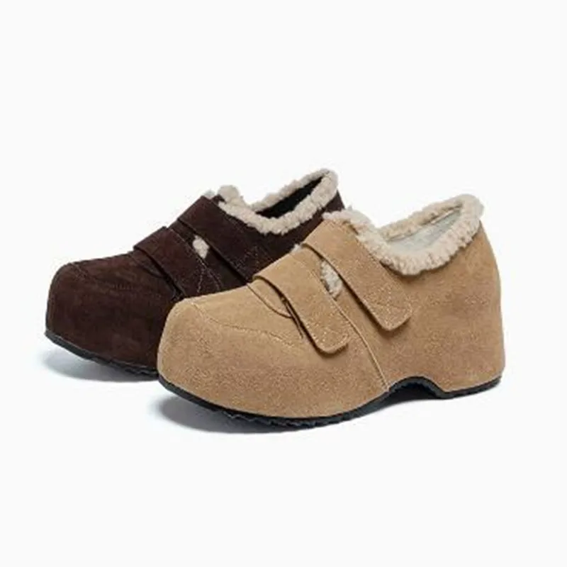 New Retro Thick Bottom Fur Shoes Womens Outdoor Winter Fleece Lined Slip-On Warm Anti-Slip Cotton Sneakers Round Toe Rubber Sole