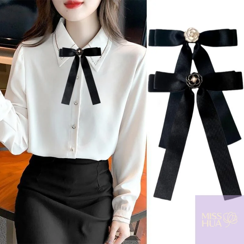 Temperament Black White Camellia Bow Brooch Mourning Corsage Pin Bowknot Neck Tie Brooch Shirt Collar Accessories For Woman