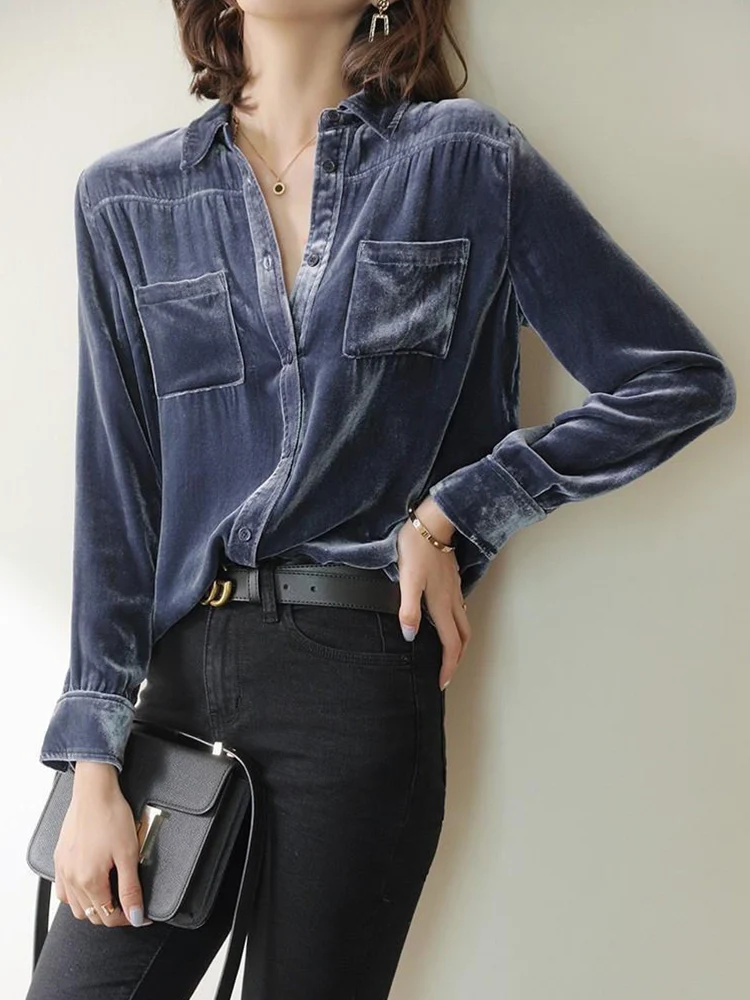 Jmprs Fashion Office Lady Velvet Shirt Elegant Korean Long Sleeve Blouse Casual Solid All Match Female Design Chic Loose Tops