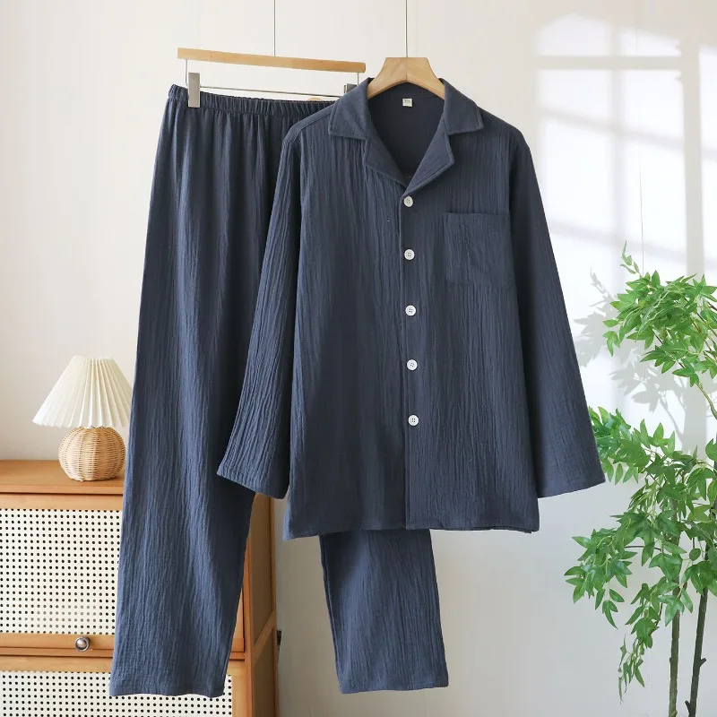

Men's Plus Size Thin Long-sleeved Pajamas Spring and Autumn Pure Cotton Gauze Loungewear Suit Lapel Solid Color Loose Sleepwear