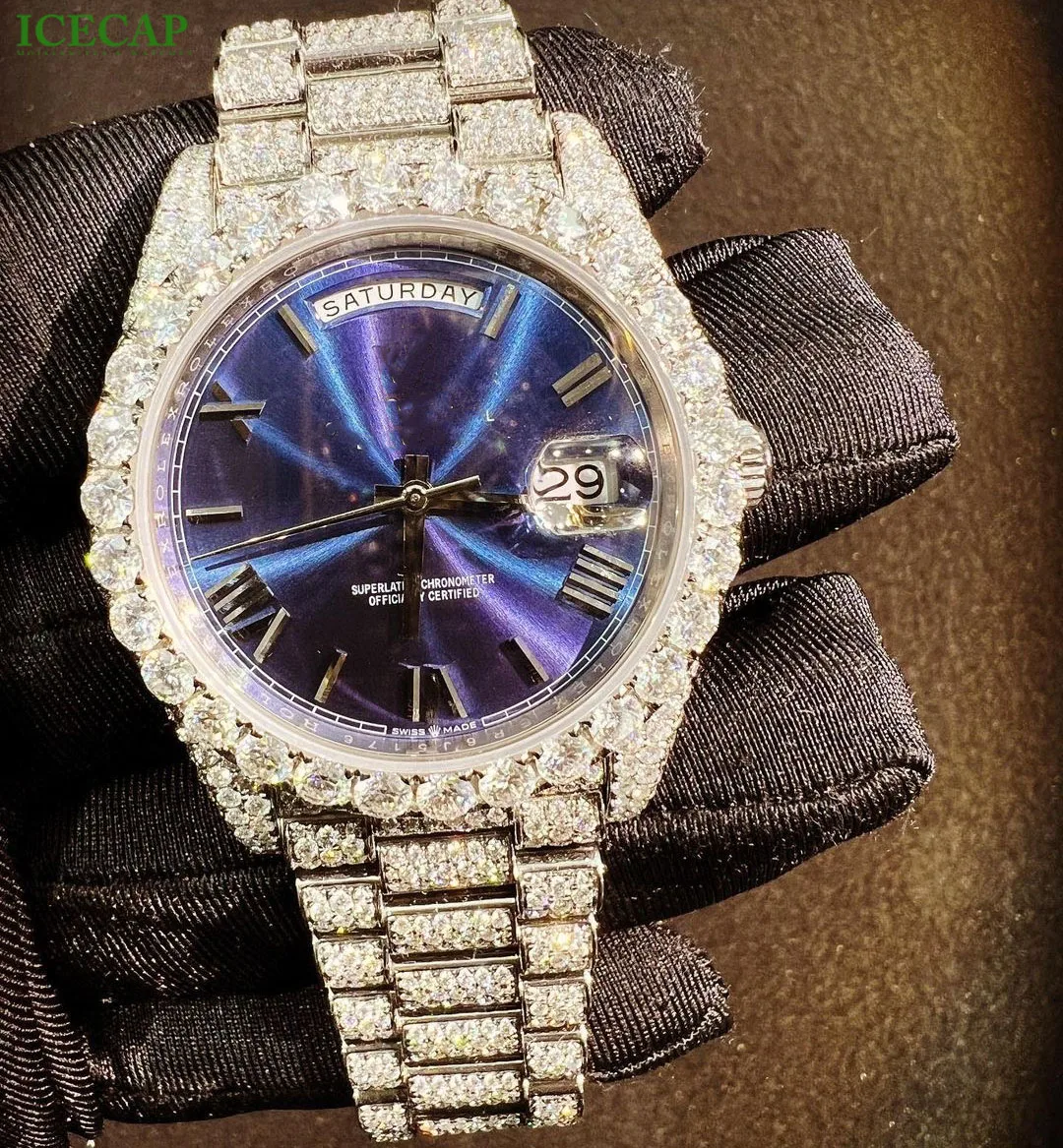 Luxury Custom Bling Hip Hop Fully Iced Out Watches Silver Purple Dial Mechanical Moissanite Diamond Watches Men Wrist