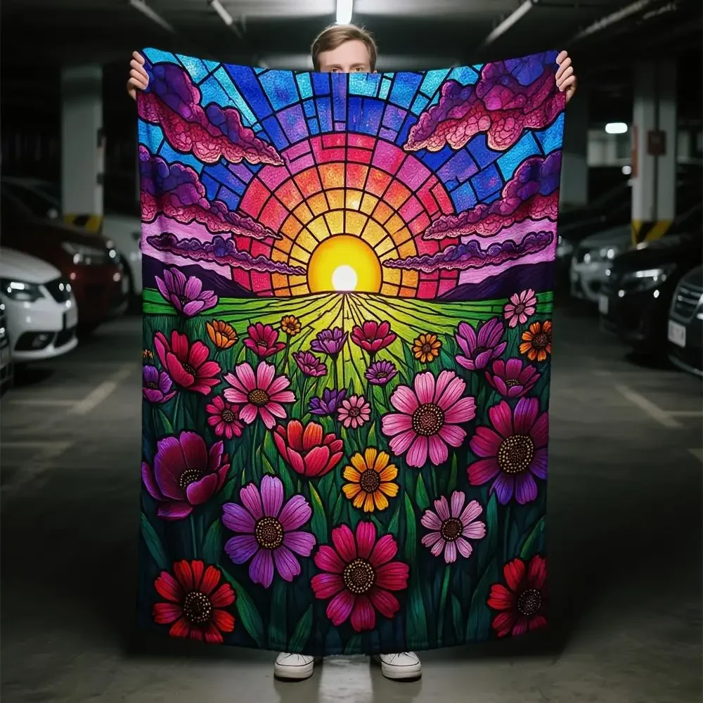 

Retro Colored Glass Flowers Blanket for Sofa Bed Travel Camping AllSeason Comfort Throw for Living Room Office Gifts