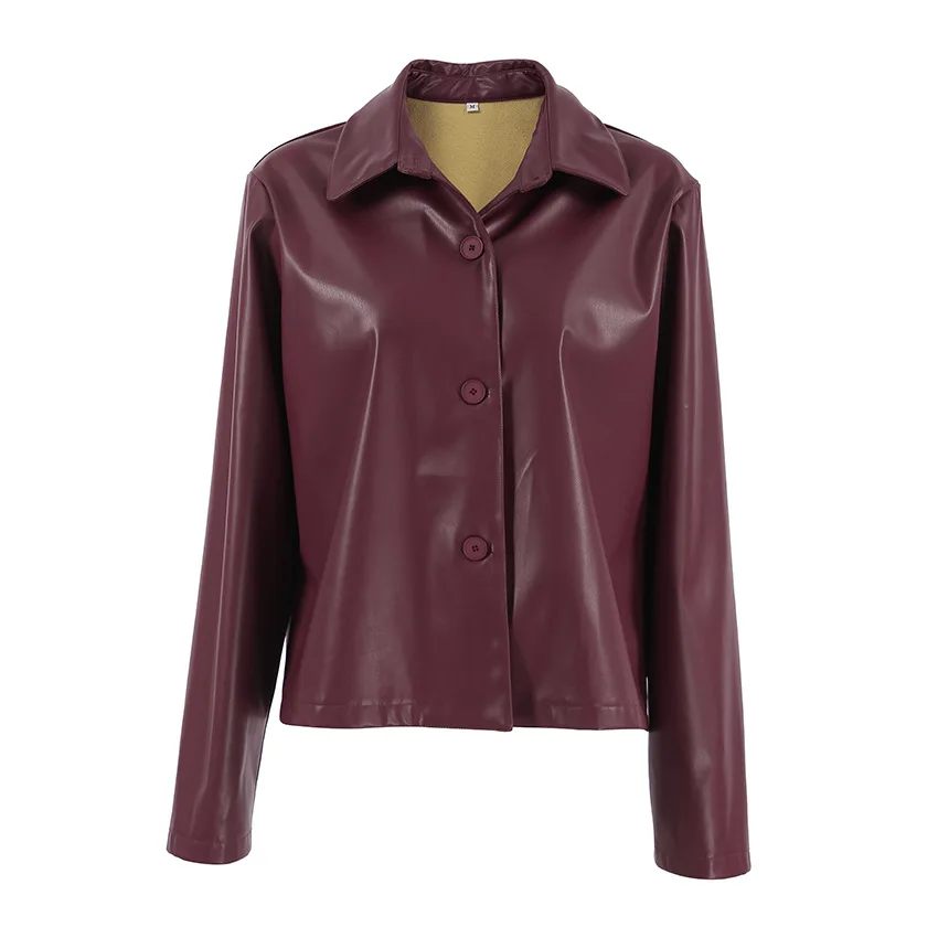 Classic Burgundy and fleece matte leather jacket new fall/winter sleeved loose casual commuter leather coat for women