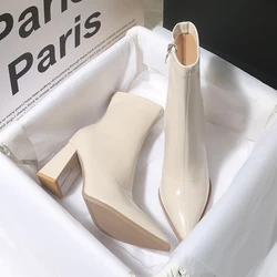 Winter Patent Leather Women Ankle Boots Fashion Pointed Toe Short Booties Square High Heels Party Pumps Shoes